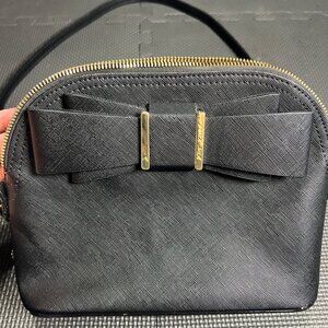 Betsey Johnson Black Crossbody Bag With Gold Bow Accent & Floral Interior